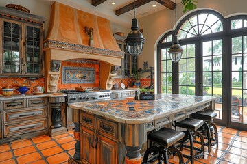 Mediterranean Kitchen A warm kitchen with terracotta tiles, wooden cabinets, and colorful ceramic dishes. Include a large island and wrought iron light fixtures. 