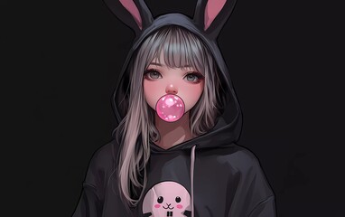 An anime-style portrait of a girl wearing a black hoodie with rabbit ears, a bunny logo on the chest, blowing a pink bubble gum, posing against a black background