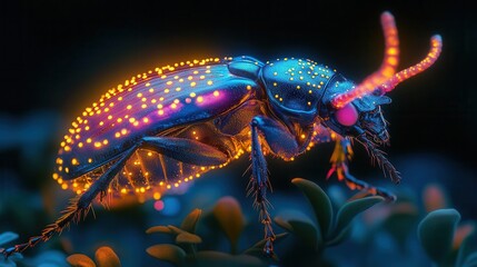 Wall Mural - iridescent beetle and stag beetle in ethereal forest bioluminescent glow hyperdetailed macro shot vibrant colors mystical atmosphere dreamlike composition