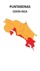 Sticker - Puntarenas Map is highlighted on the Costa Rica map with detailed state and region outlines.