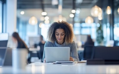 a woman working on a laptop in a modern office environment, focused and engaged in her tasks.