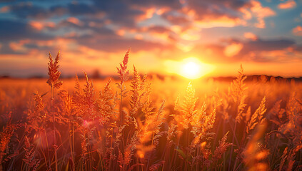 Wall Mural -  a beautiful landscape of a field of tall grass at sunset. The sky is filled with orange and yellow hues, with the sun setting in the background