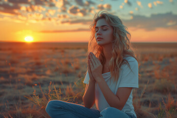 Young blond woman praying to god sitting in a field in the evening at sunset