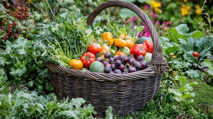 Wall Mural - A basket overflowing with freshly harvested produce in a vibrant, lush garden.