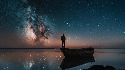 A lone figure stands on a boat under a starry sky reflecting in calm water, showcasing the beauty of nature and the galaxy above.