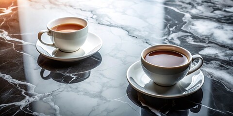 Cup of coffee and black tea on a stylish marble table under contrasting lighting, natural light, minimalistic, shadows, steam, reflections, elegant, close up, marble, calm, contrast, hot