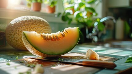 Freshly sliced cantaloupe melon in sunlit kitchen with houseplants and knife on tile counter