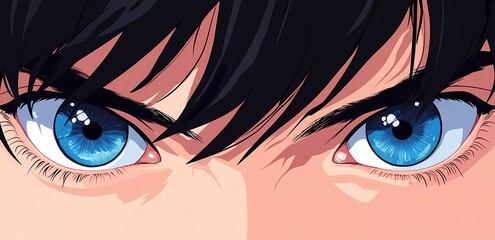 The eyes of an anime boy with black hair and blue eyes, close-up, flat illustration style