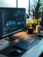 Fototapete - An expert analyzes complex data on a computer monitor at a tidy desk with a keyboard, mouse, notepad, and coffee mug nearby. Generative AI