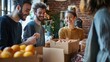 © keetazalay - A group of friends organizing a Thanksgiving food drive at a community center with boxes of donations and volunteers working together to share the spirit of giving