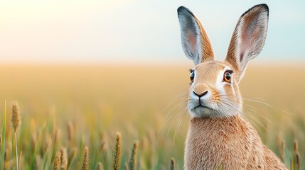 A serene close-up of a rabbit in a lush field, showcasing its gentle expression and soft fur against a tranquil background.