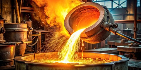 casting of liquid iron in a foundry, showcasing the molten mastery and skill of iron casting, hot, t