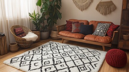 Minimalist area rug subtle patterns monochrome tones and low pile texture