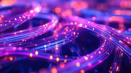Abstract Purple and Orange Fiber Optic Cables with Bokeh Lights.