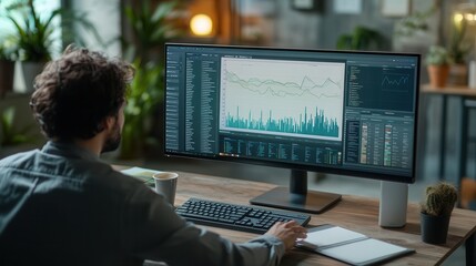 Fototapete - A professional deeply engaged in analyzing data on a large monitor, surrounded by a tidy workspace with essential tools and a coffee mug. Generative AI