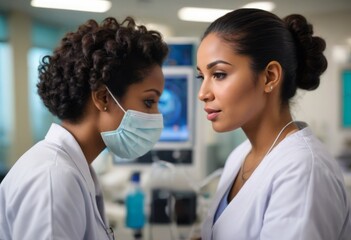 A female doctor attentively listening to a patient during a consultation in a modern clinic.