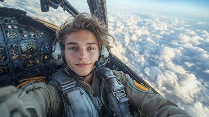 Fighter pilots, cockpit view under cloudy blue sky