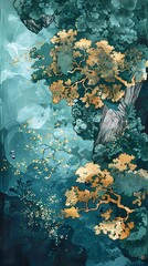 Sticker - Fantasy forest and birds abstract illustration poster background