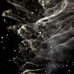 Wall Mural - Abstract black and white swirling particles on a black background.