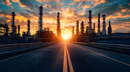 A road with a sunset in the background and a large industrial area with many oil refineries. The sky is orange and the sun is setting