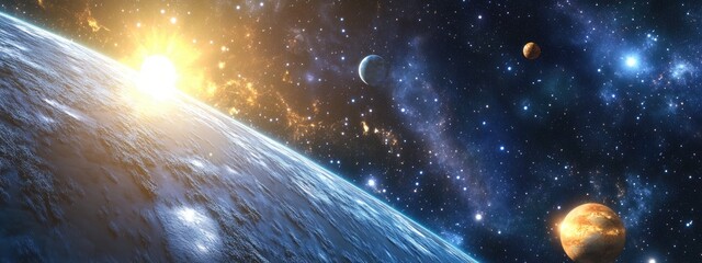 Aufkleber - 3D cartoon depiction of stars Venus Sirius and Earth from space featuring dawn and the atmosphere of Earth within the solar system
