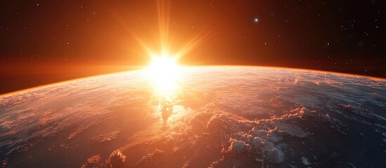 Fototapete - Spectacular sunset over Planet Earth in a 3D cartoon rendering