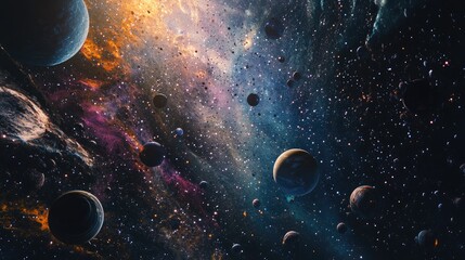 3D cartoon depiction of a 2D illustration featuring a deep expansive space filled with stars planets and moons Various imaginative science fiction backdrops create a realistic backdrop of alien sol