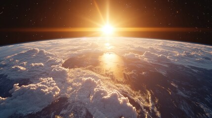 Aufkleber - Cartoon 3D illustration of a sunrise over a cloudy ocean viewed from space