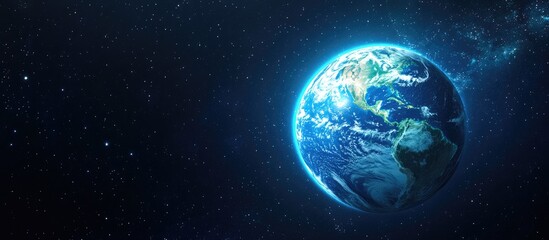 Aufkleber - 3D cartoon rendering showcasing a blue planet Earth from space highlighting the continent at night featuring a globe with a blue glow and sunlight during sunrise set against a backdrop of stars