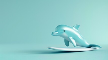 A cute cartoon dolphin is surfing on a white surfboard on a blue background.