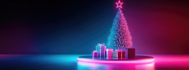 Aufkleber - Christmas tree and gift box design for holiday decoration mock up podium for product display abstract minimal concept showcase geometric background 3D rendering