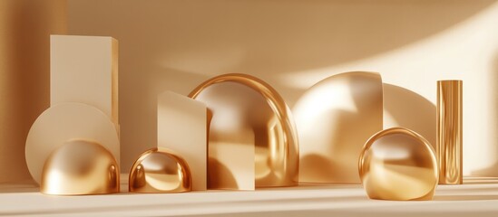 Aufkleber - Composition featuring smooth rounded shapes in champagne hues for product showcasing 3D rendering