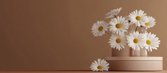 Wall Mural - Cosmetic display stand featuring daisy blossom flowers on a brown background 3D rendering