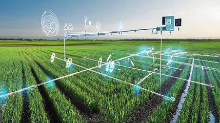 A smart irrigation system in a farm field, demonstrating automated water distribution with sensors and control panels. The image emphasizes how farm automation improves water usage and crop 