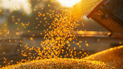 Harvester pouring freshly harvested corn maize seeds or soybeans into container trailer near, closeup detail, afternoon sunshine.