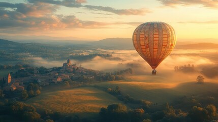 majestic hot air balloon with intricate patterns ascending over misty rolling hills at dawn casting long shadows on patchwork fields below