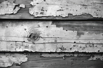 Wall Mural - close up horizontal black and white image of a textured wooden background, paint peeling off