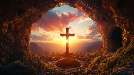 Sunset view of a cross inside a cave with glowing clouds in the sky