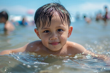 Wall Mural - Child on the sunny sea beach family vacation concept generative AI