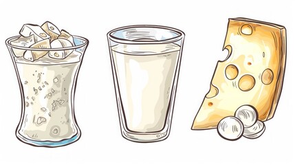 Wall Mural - A refreshing selection of dairy products. The image showcases a glass of milk with ice, a simple glass of milk, and a tasty piece of cheese. Perfect for food lovers. AI.