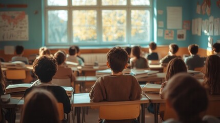 Aufkleber - Students sit at desks in a packed classroom, surrounded by outdated educational materials, striving for knowledge despite challenges. Generative AI