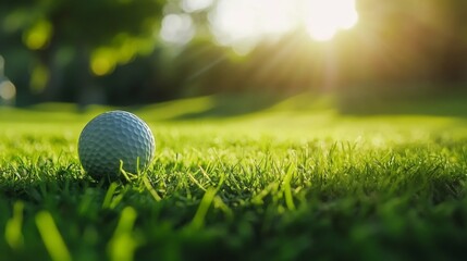 Wall Mural - Golf Ball on Green Grass at Sunset