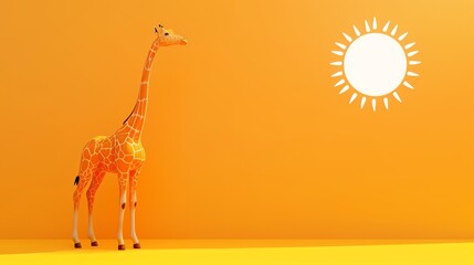 A cartoon giraffe standing in front of a white sun on a yellow background.