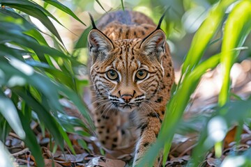 Sticker - Close-up of a Bobcat's Face Peeking Through Lush Green Foliage