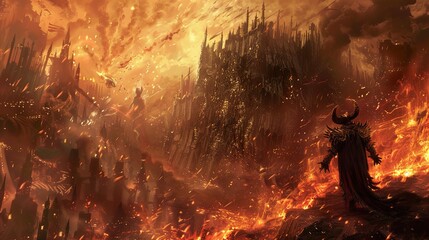 Wall Mural - A Demon Stands Amidst the Ruins of a Burning City