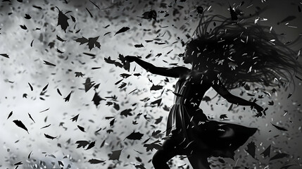 epic sad looking dancing woman with flying leaves around her, fashion inspired and black white, ai generated image