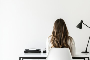 White minimalist interior featuring a stylish young woman listening to a record