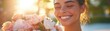 © IYearDesign - A young woman smiling brightly as she receives a bouquet of flowers, her joy and love radiating, soft focus, pastel colors, romantic and uplifting mood