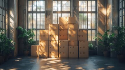 minimalist composition of neatly stacked moving boxes soft shadows muted earth tones clean lines emphasizing organization and simplicity