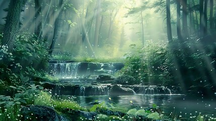 Wall Mural - Enchanted Forest: Tranquil River and Waterfall in Lush Greenery